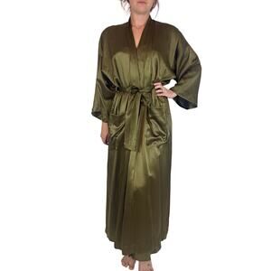 Donna Karan 1990s Full length Satin Slip Dress & Robe Hunter Green Size Small